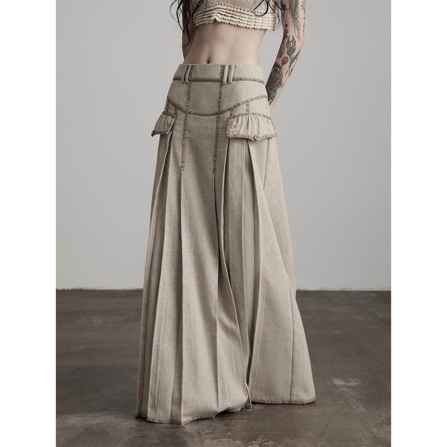 INDULGE Wool Blend Slight Stretch Vintage Pleated Midrise Women Office Beige Maxi Skirts