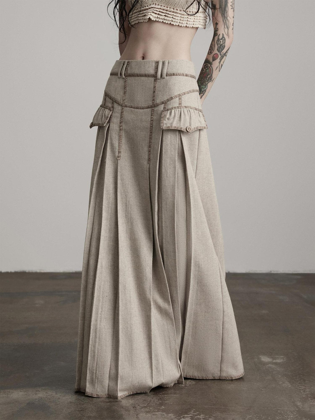 INDULGE Wool Blend Slight Stretch Vintage Pleated Midrise Women Office Beige Maxi Skirts