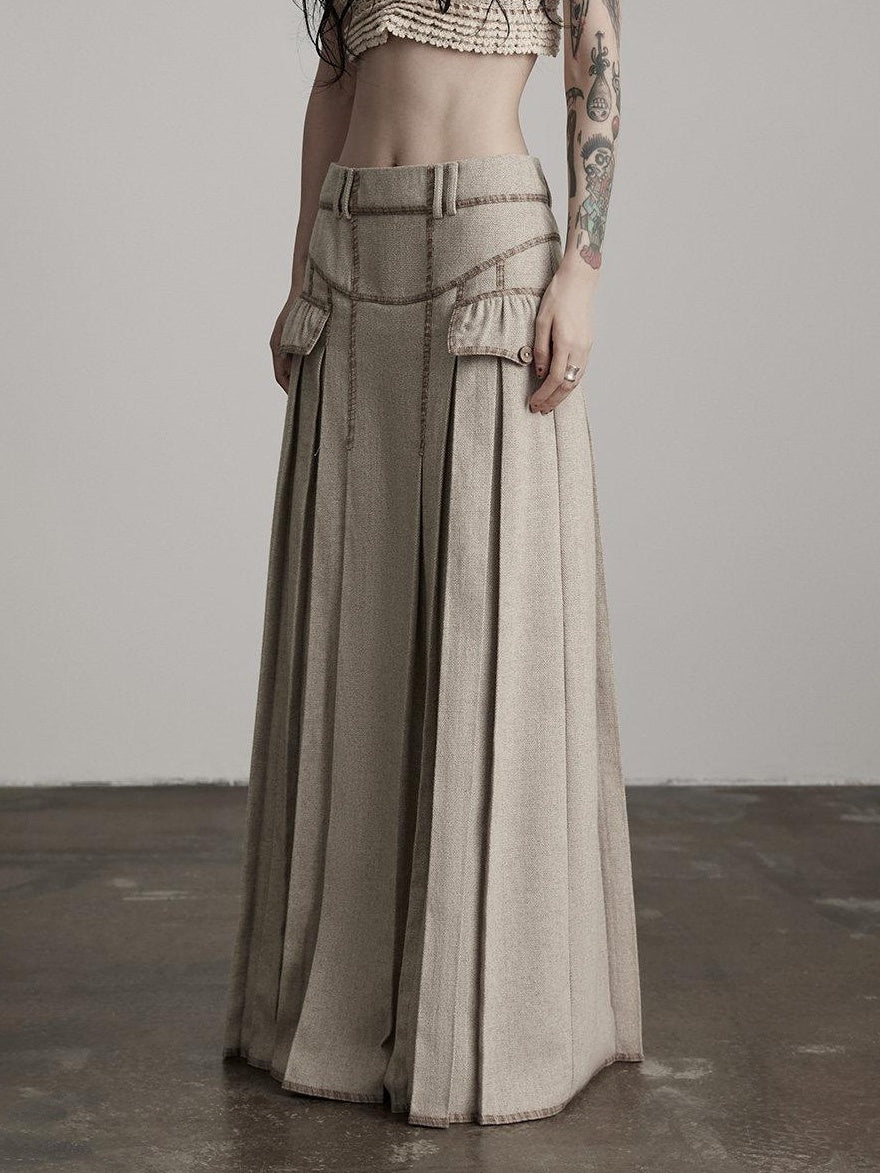 INDULGE Wool Blend Slight Stretch Vintage Pleated Midrise Women Office Beige Maxi Skirts