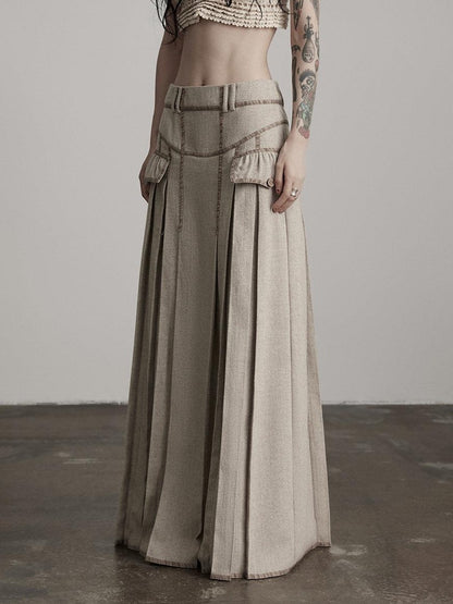 INDULGE Wool Blend Slight Stretch Vintage Pleated Midrise Women Office Beige Maxi Skirts