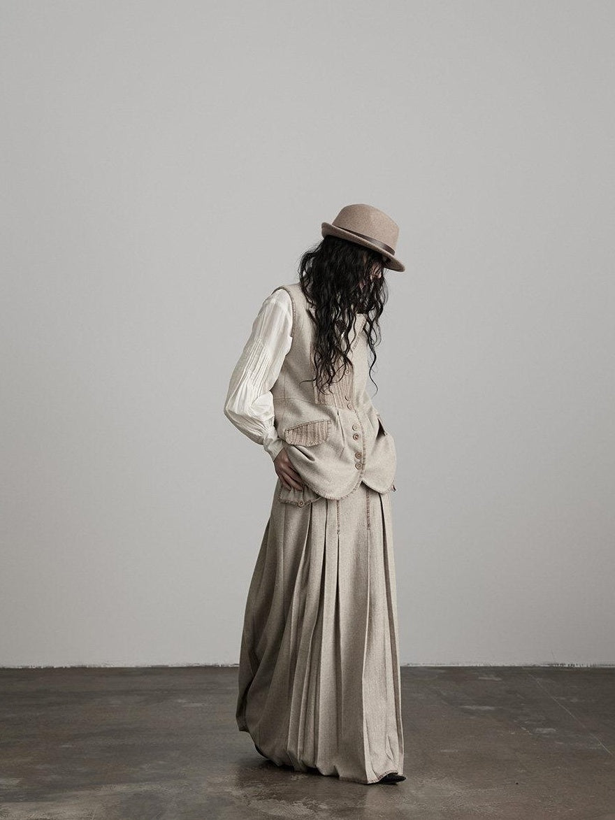 INDULGE Wool Blend Slight Stretch Vintage Pleated Midrise Women Office Beige Maxi Skirts