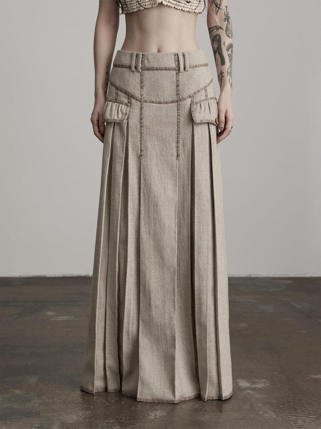 INDULGE Wool Blend Slight Stretch Vintage Pleated Midrise Women Office Beige Maxi Skirts