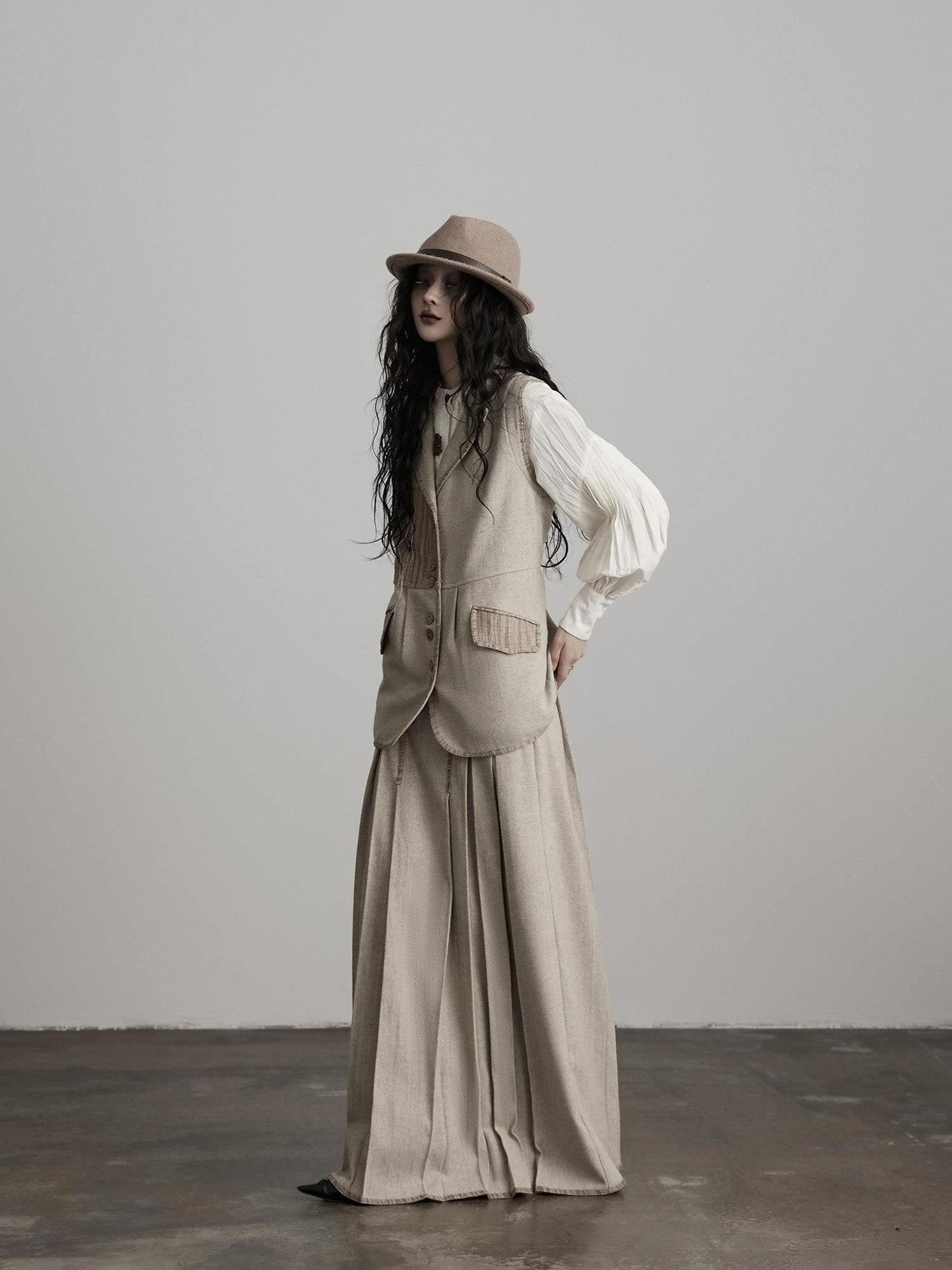 INDULGE Wool Blend Slight Stretch Vintage Pleated Midrise Women Office Beige Maxi Skirts