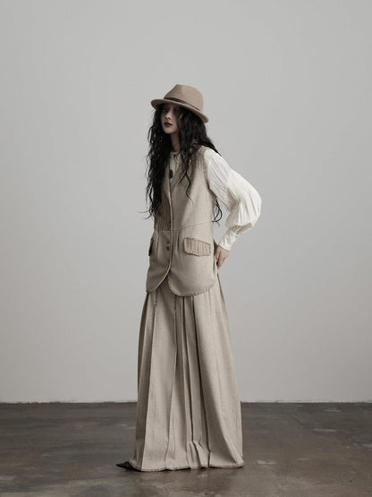 INDULGE Wool Blend Slight Stretch Vintage Pleated Midrise Women Office Beige Maxi Skirts