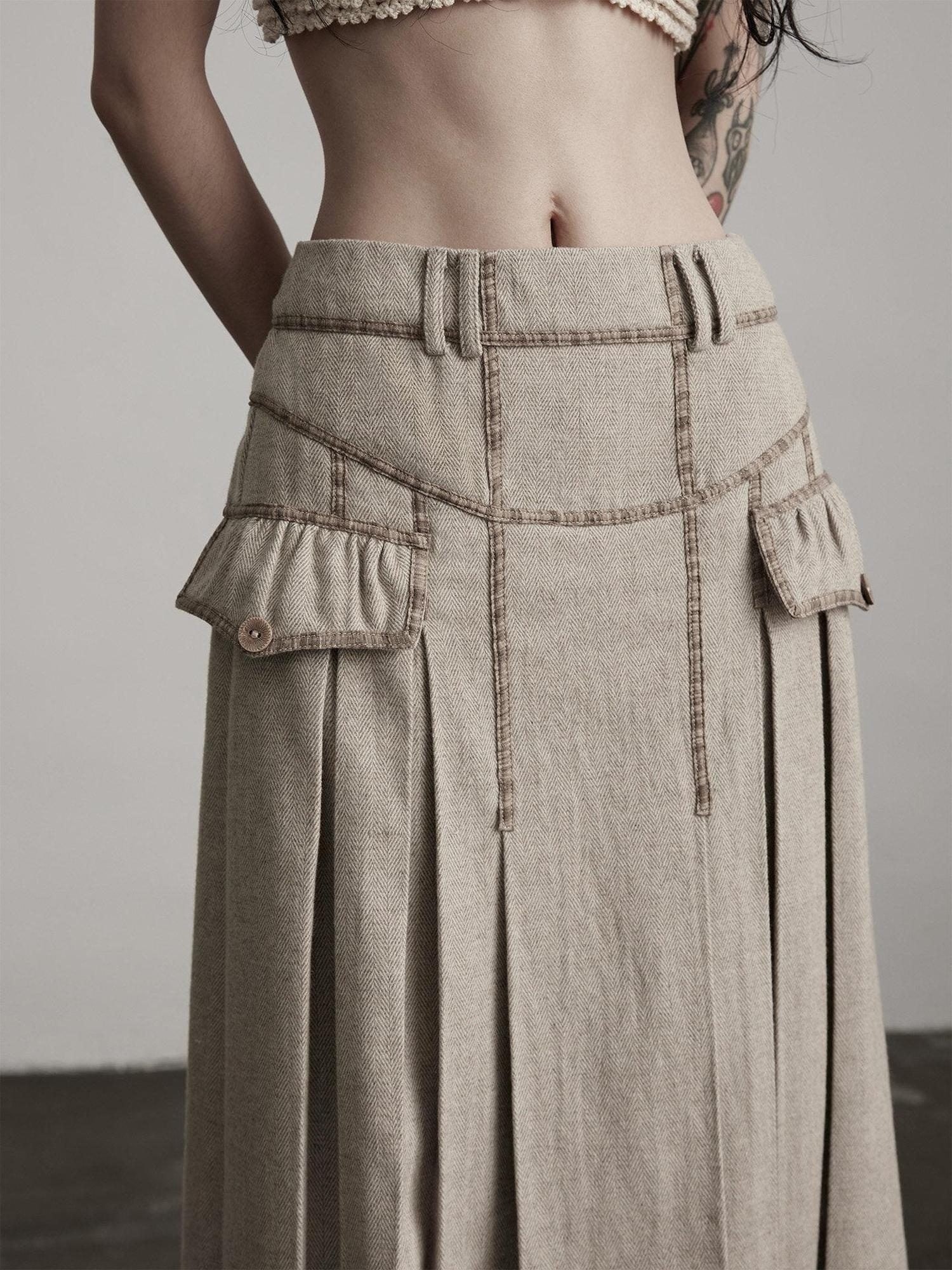 INDULGE Wool Blend Slight Stretch Vintage Pleated Midrise Women Office Beige Maxi Skirts
