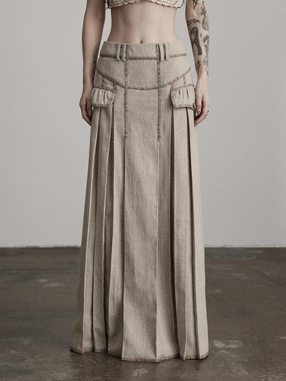 INDULGE Wool Blend Slight Stretch Vintage Pleated Midrise Women Office Beige Maxi Skirts