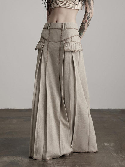 INDULGE Wool Blend Slight Stretch Vintage Pleated Midrise Women Office Beige Maxi Skirts
