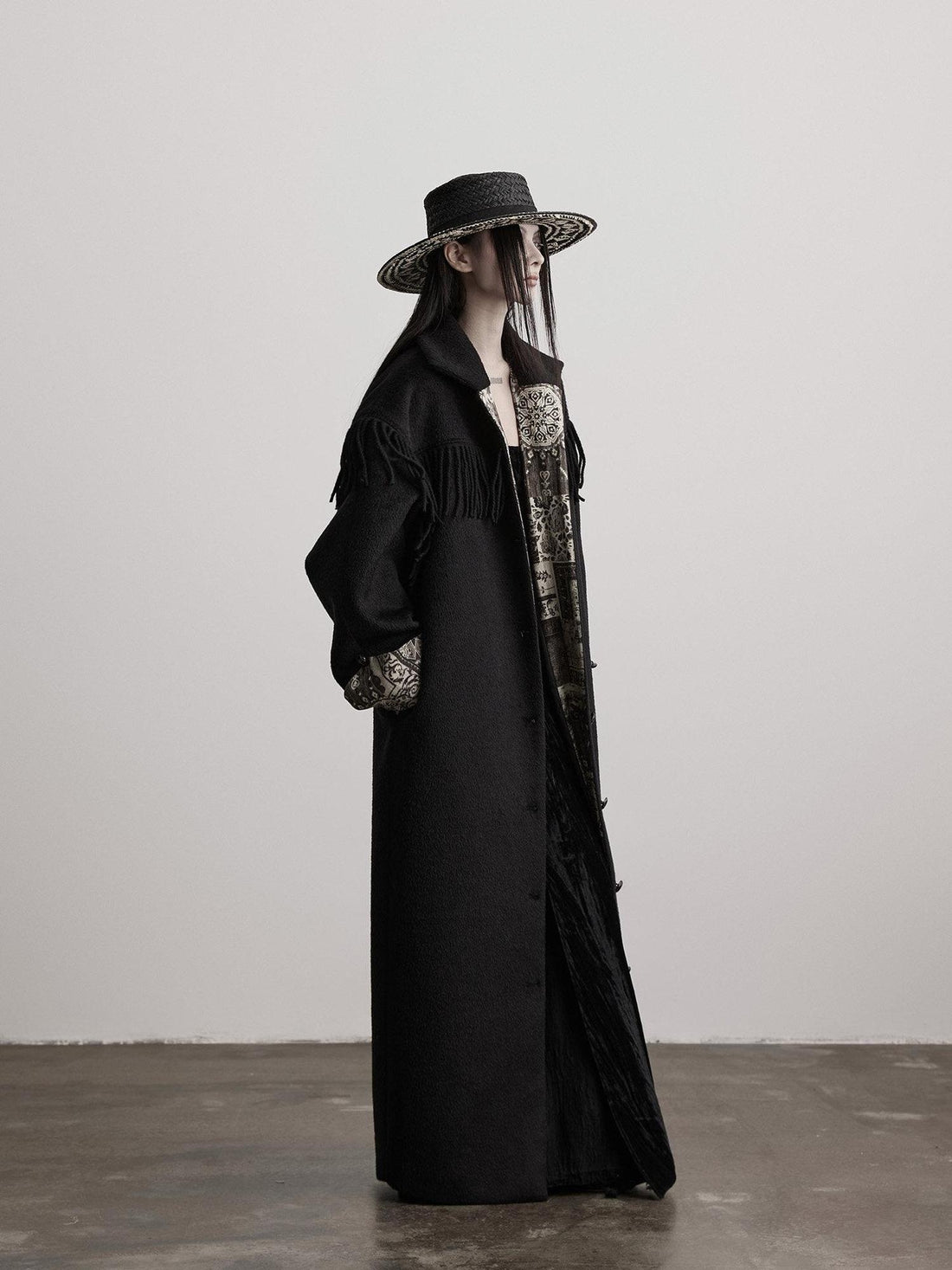 INDULGE Wool Blend Thick Loose Fit Commuter Lapel Collar Black Women Long Coats