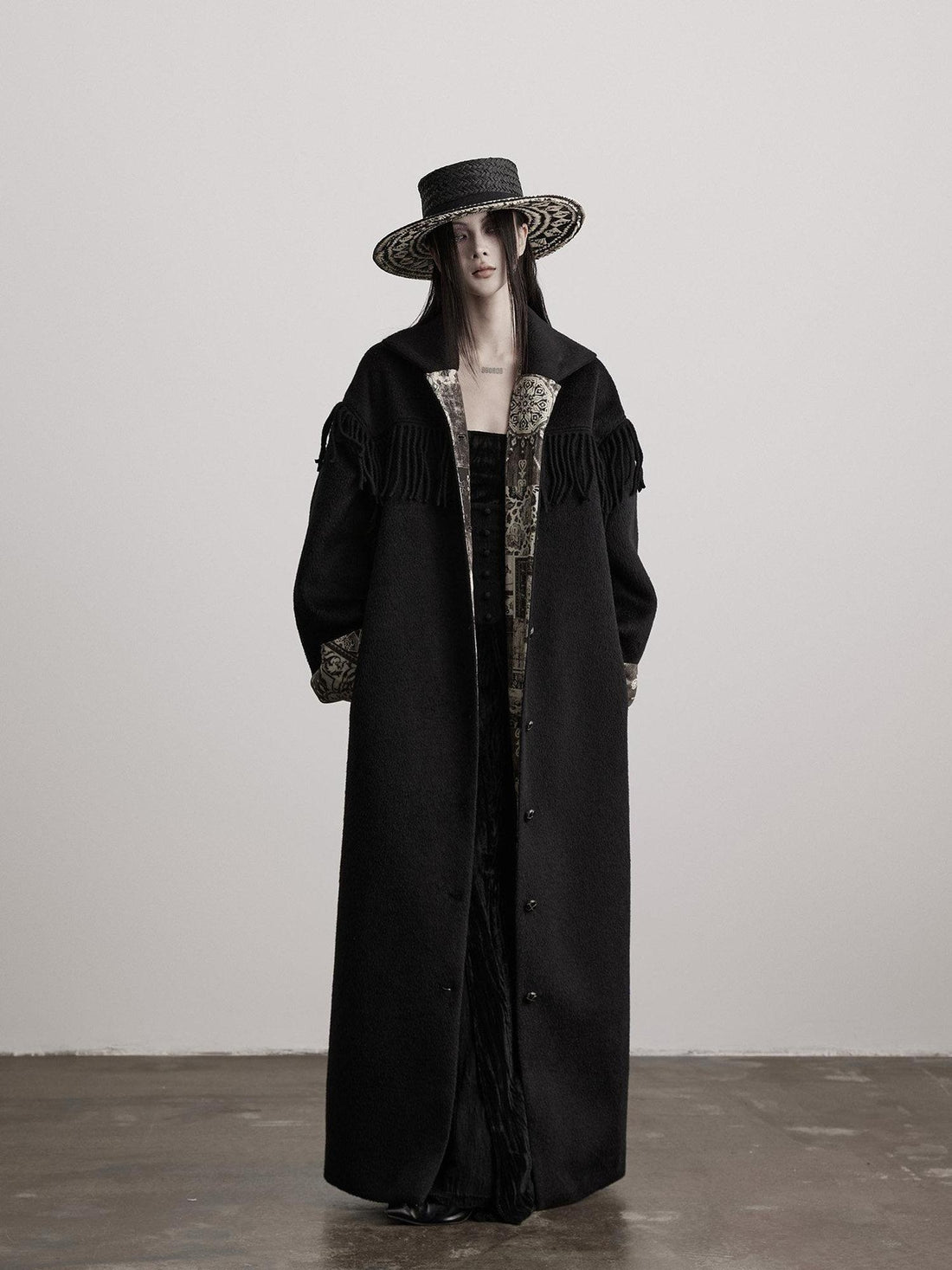 INDULGE Wool Blend Thick Loose Fit Commuter Lapel Collar Black Women Long Coats