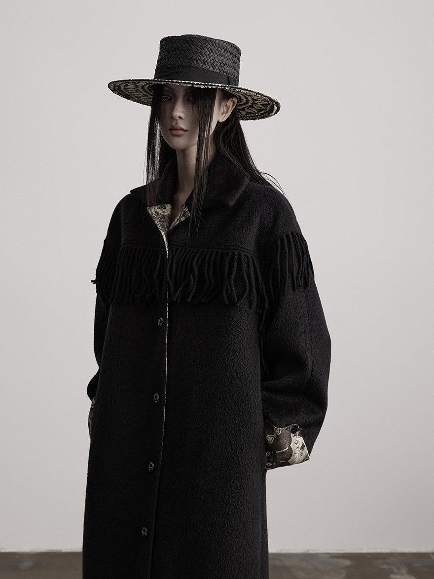 INDULGE Wool Blend Thick Loose Fit Commuter Lapel Collar Black Women Long Coats