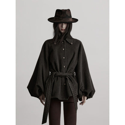 INDULGE Wool Blend Waist Cinch Dark Aesthetic Loose Polo Collar Women Casual Jackets