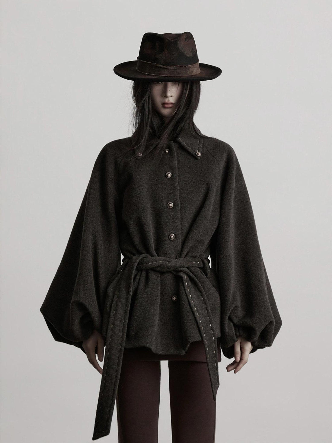 INDULGE Wool Blend Waist Cinch Dark Aesthetic Loose Polo Collar Women Casual Jackets
