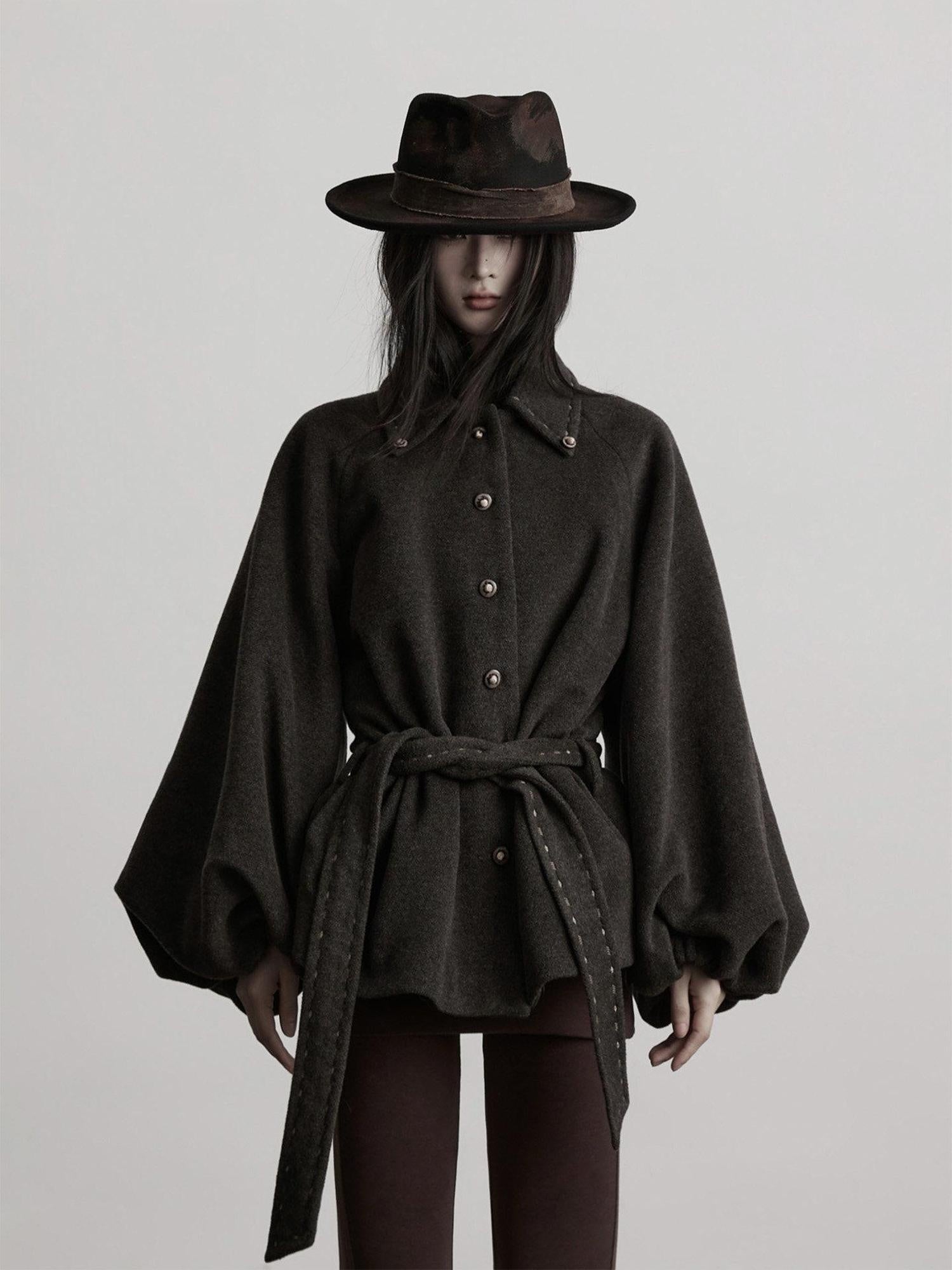 INDULGE Wool Blend Waist Cinch Dark Aesthetic Loose Polo Collar Women Casual Jackets