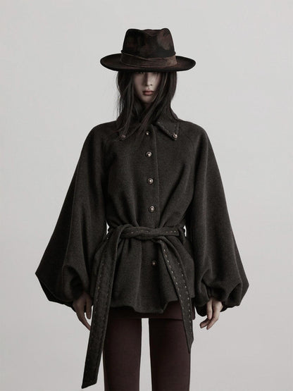 INDULGE Wool Blend Waist Cinch Dark Aesthetic Loose Polo Collar Women Casual Jackets
