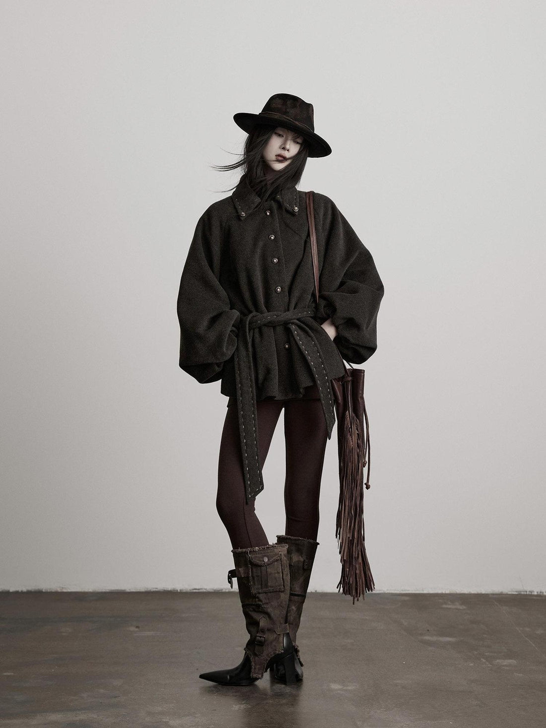 INDULGE Wool Blend Waist Cinch Dark Aesthetic Loose Polo Collar Women Casual Jackets