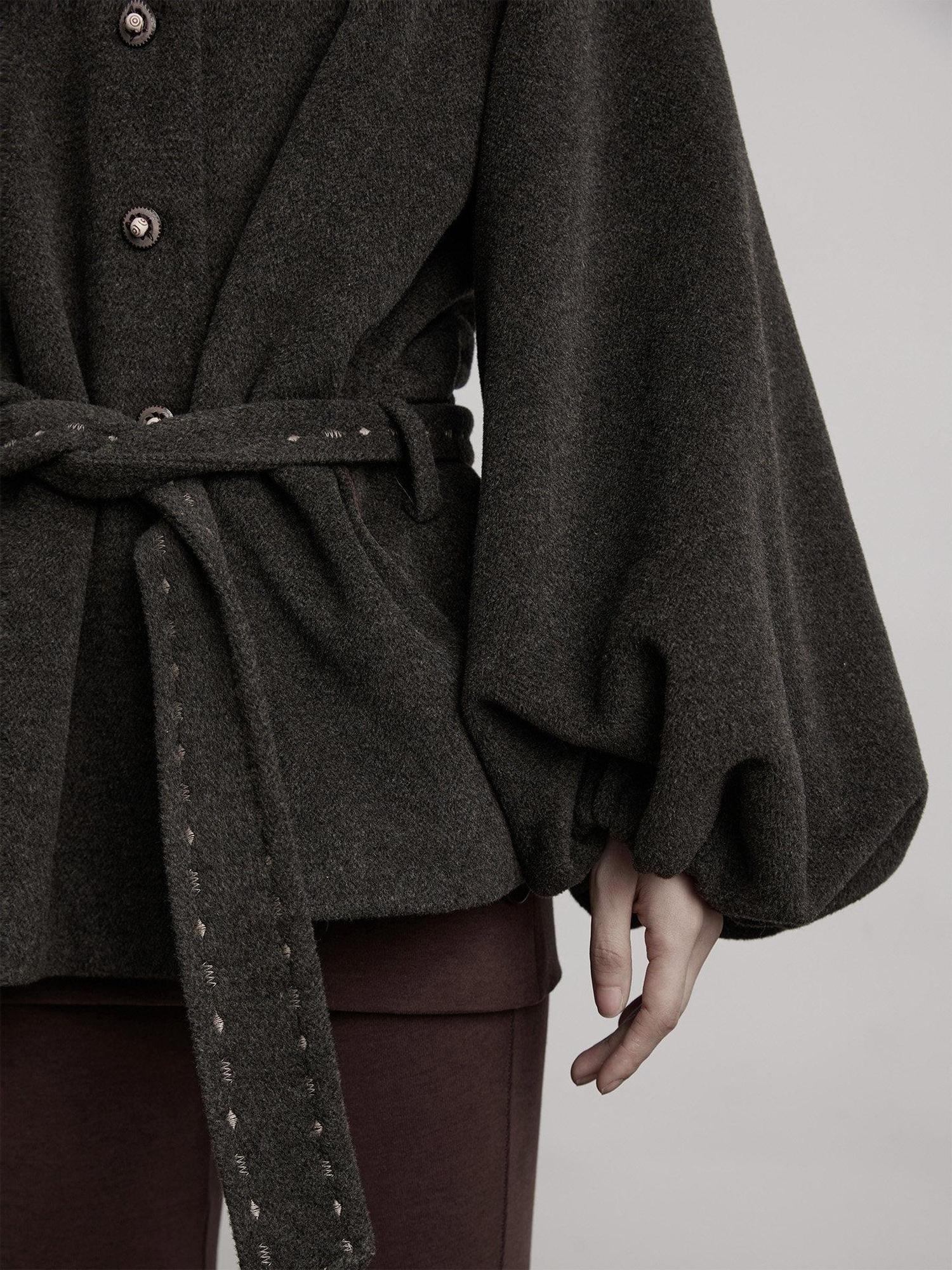 INDULGE Wool Blend Waist Cinch Dark Aesthetic Loose Polo Collar Women Casual Jackets