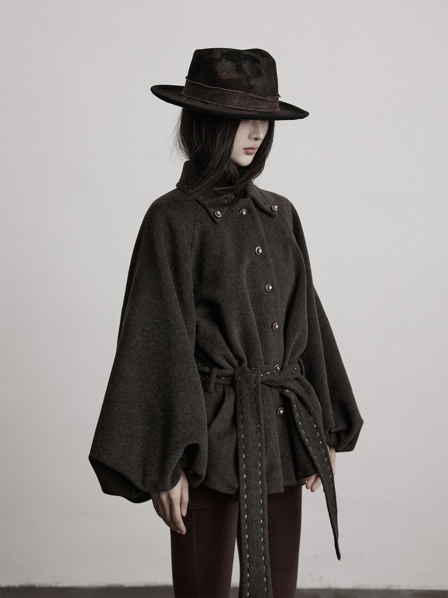 INDULGE Wool Blend Waist Cinch Dark Aesthetic Loose Polo Collar Women Casual Jackets