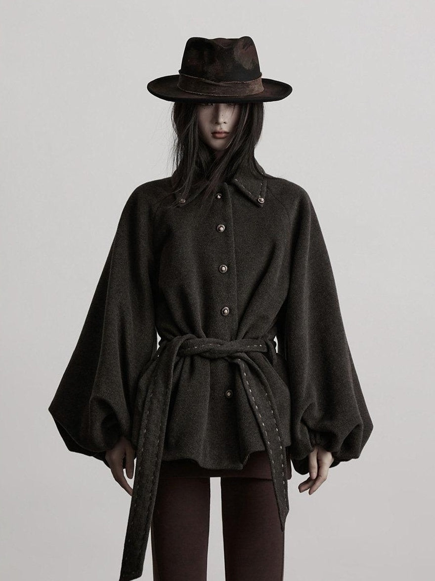 INDULGE Wool Blend Waist Cinch Dark Aesthetic Loose Polo Collar Women Casual Jackets