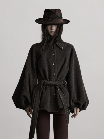 INDULGE Wool Blend Waist Cinch Dark Aesthetic Loose Polo Collar Women Casual Jackets