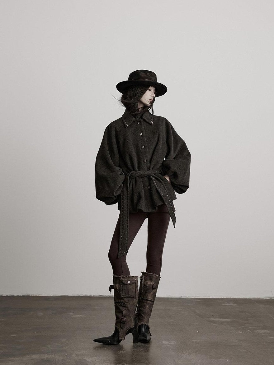 INDULGE Wool Blend Waist Cinch Dark Aesthetic Loose Polo Collar Women Casual Jackets