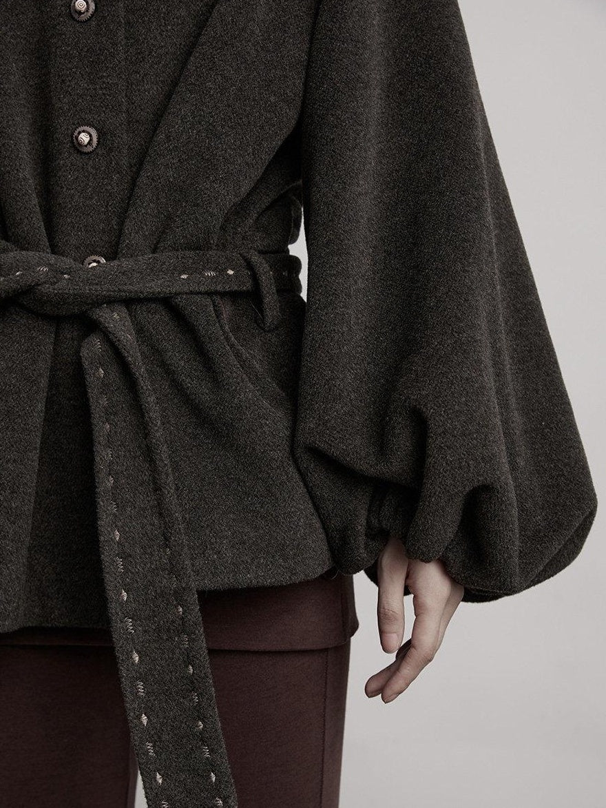 INDULGE Wool Blend Waist Cinch Dark Aesthetic Loose Polo Collar Women Casual Jackets