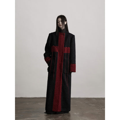INDULGE Wool Blend Warm Cross Detail Street Punk Loose Fit Stand Collar Black Long Coats