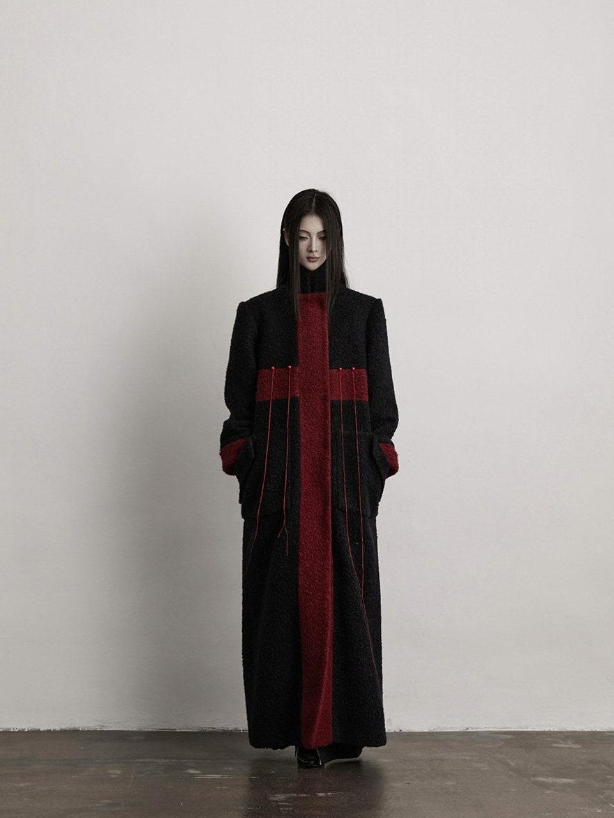 INDULGE Wool Blend Warm Cross Detail Street Punk Loose Fit Stand Collar Black Long Coats