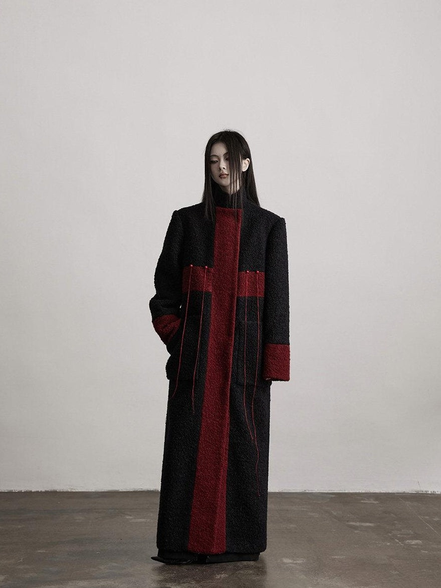 INDULGE Wool Blend Warm Cross Detail Street Punk Loose Fit Stand Collar Black Long Coats