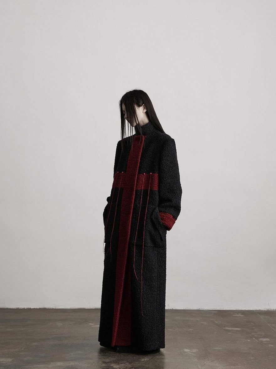 INDULGE Wool Blend Warm Cross Detail Street Punk Loose Fit Stand Collar Black Long Coats