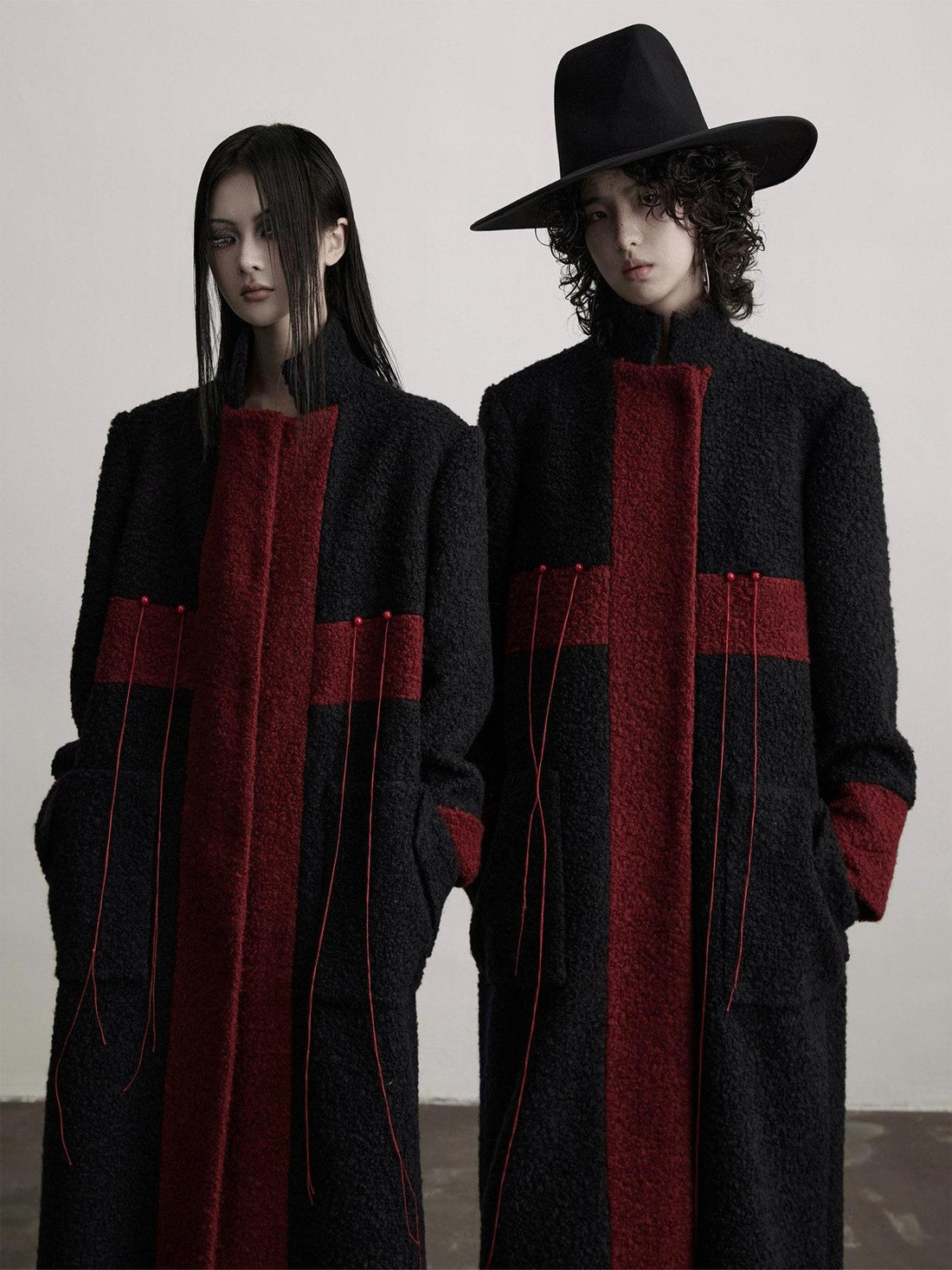 INDULGE Wool Blend Warm Cross Detail Street Punk Loose Fit Stand Collar Black Long Coats