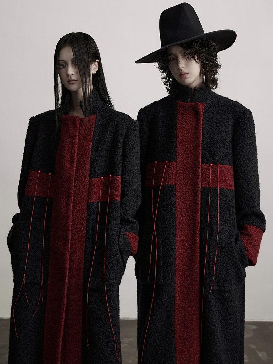 INDULGE Wool Blend Warm Cross Detail Street Punk Loose Fit Stand Collar Black Long Coats