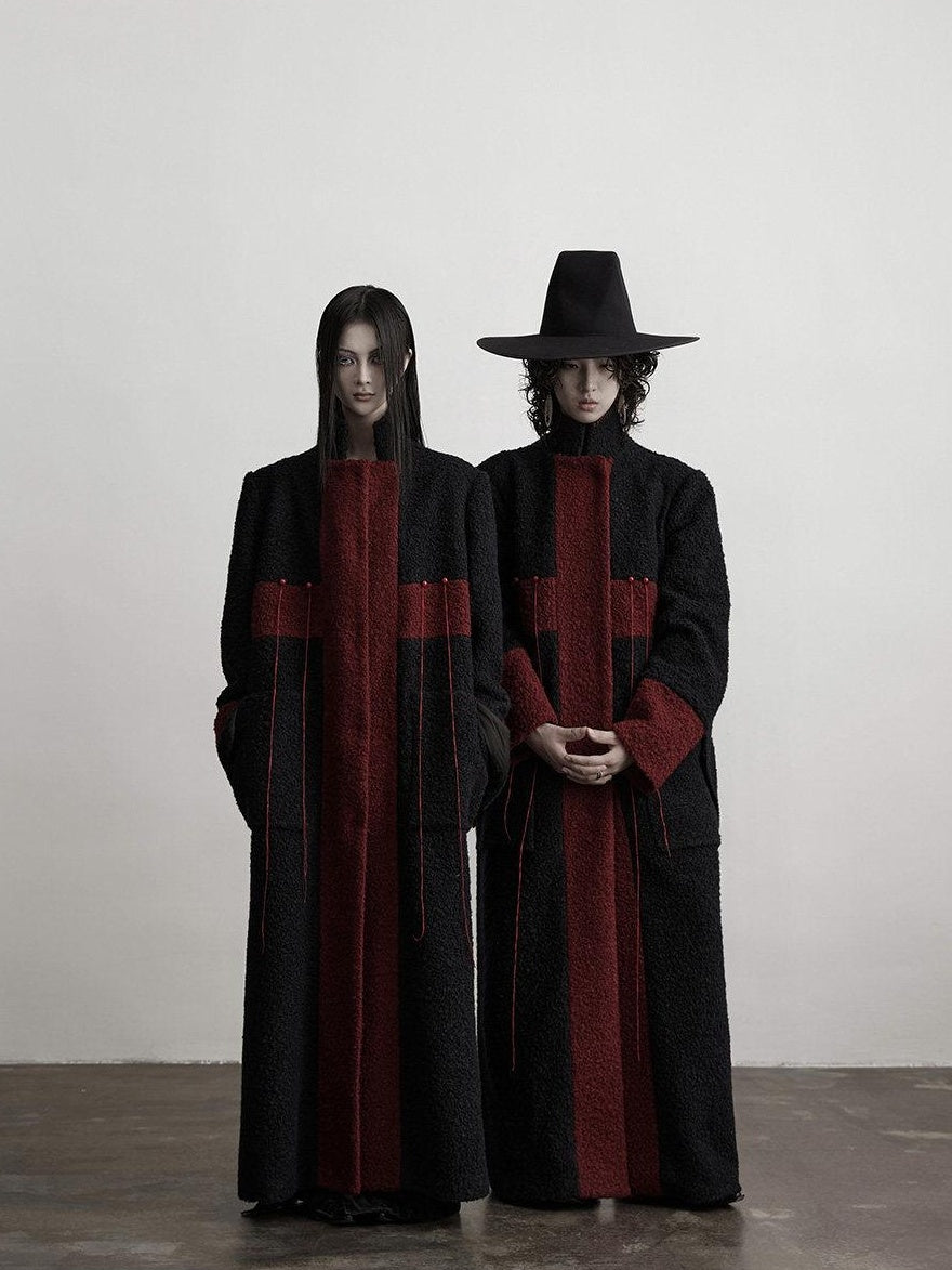 INDULGE Wool Blend Warm Cross Detail Street Punk Loose Fit Stand Collar Black Long Coats