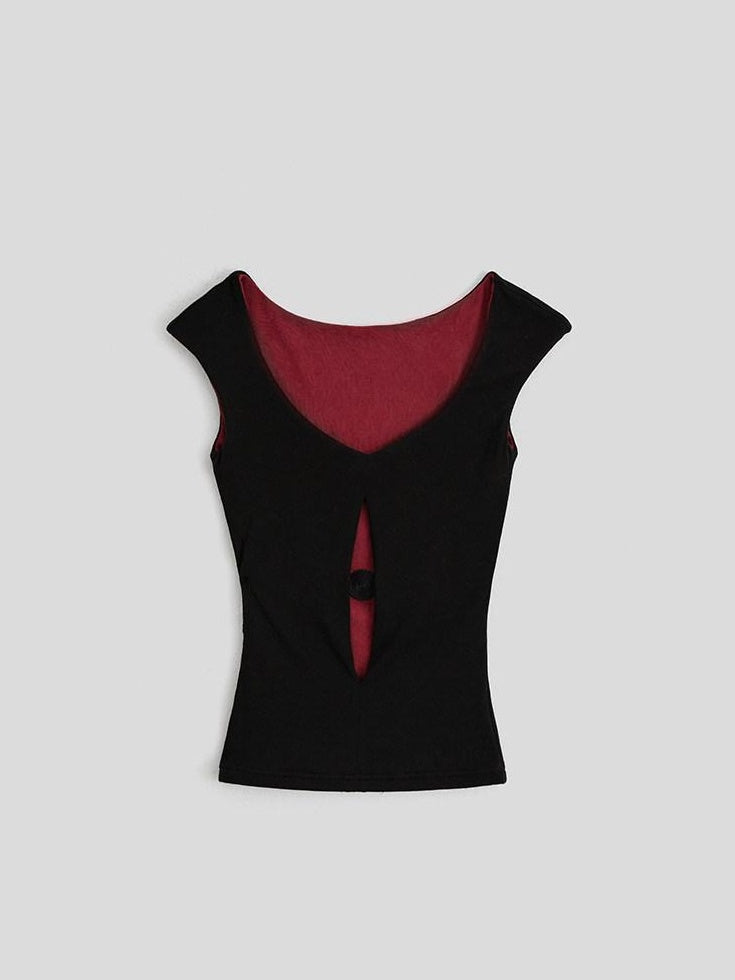 INDULGE Wrinkle Free Lyocell Wool Patchwork Straight Neck Women Black Tank Tops