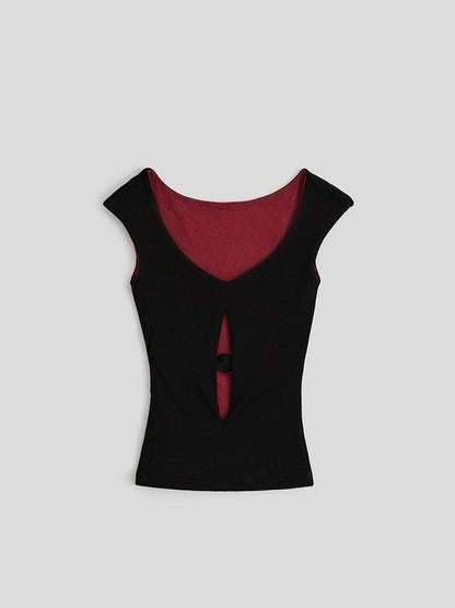 INDULGE Wrinkle Free Lyocell Wool Patchwork Straight Neck Women Black Tank Tops