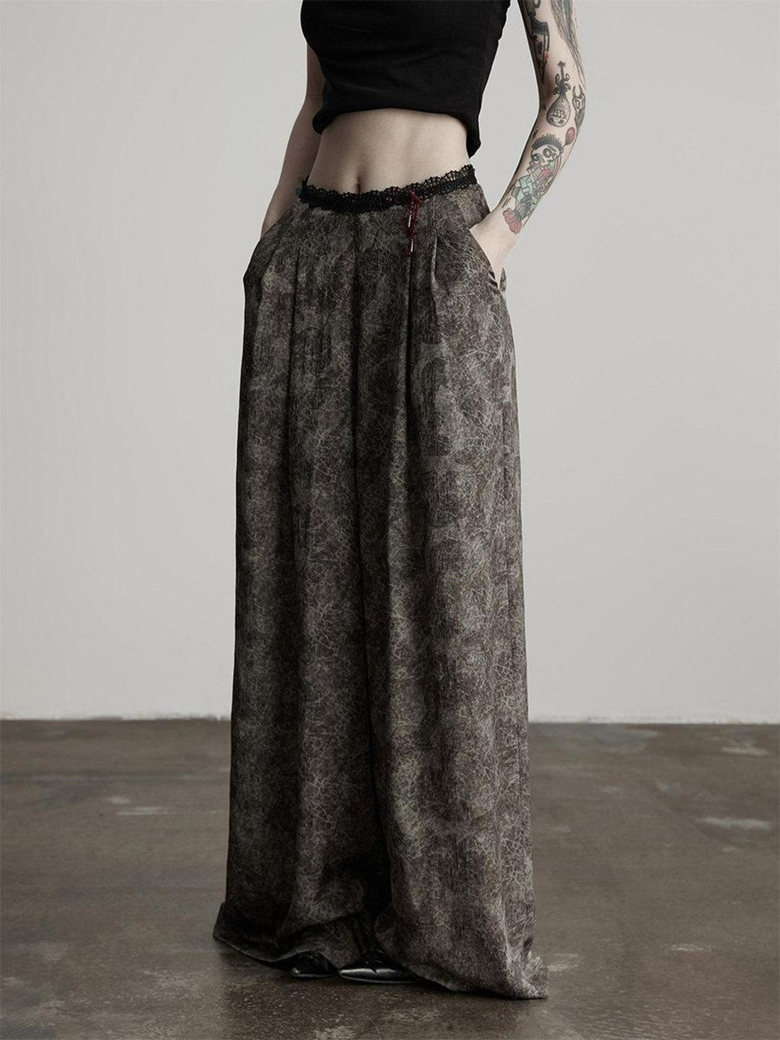 INDULGE Wrinkle Free Polyester Elastic Waist Pockets Loose Women Gray Wide-Leg Pants