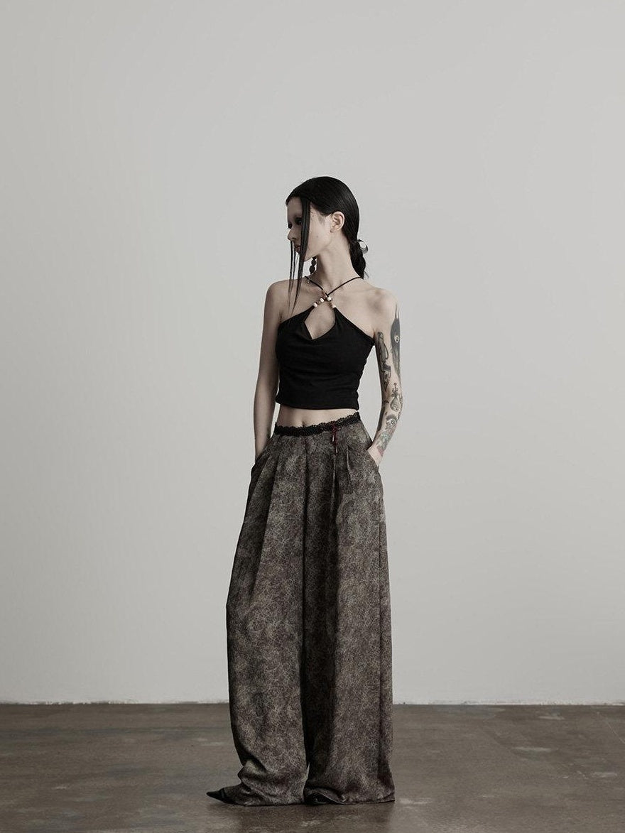 INDULGE Wrinkle Free Polyester Elastic Waist Pockets Loose Women Gray Wide-Leg Pants