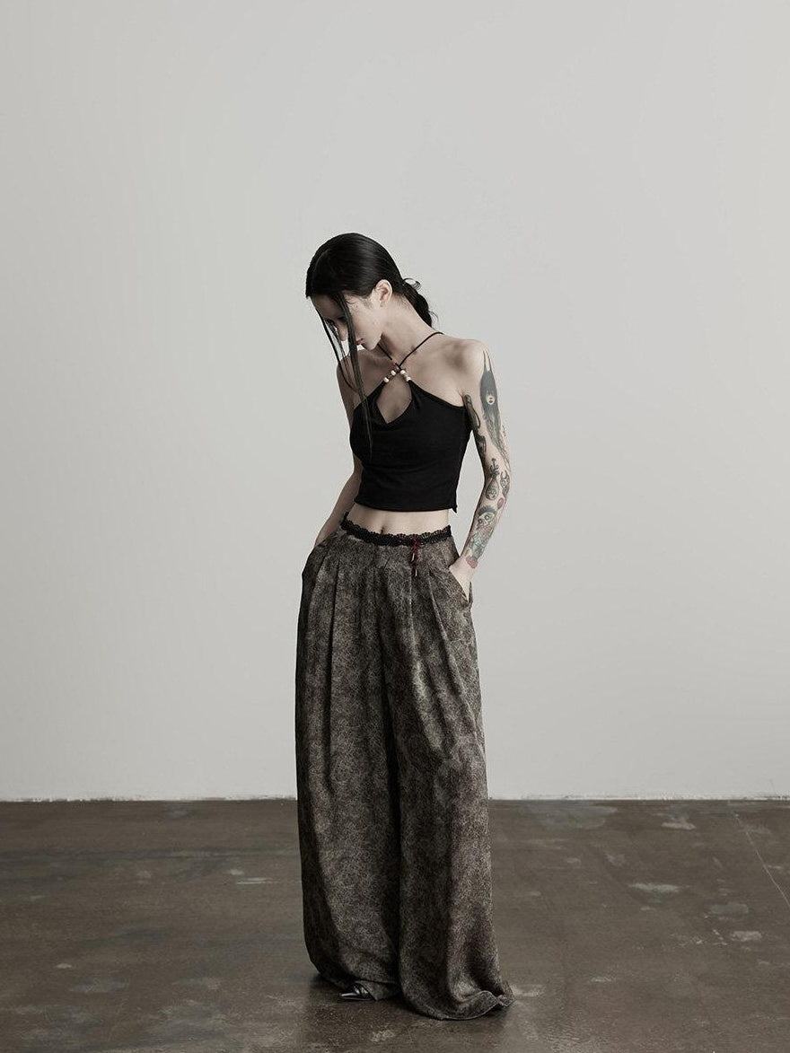 INDULGE Wrinkle Free Polyester Elastic Waist Pockets Loose Women Gray Wide-Leg Pants