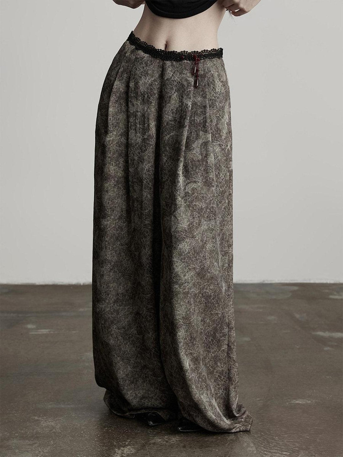 INDULGE Wrinkle Free Polyester Elastic Waist Pockets Loose Women Gray Wide-Leg Pants