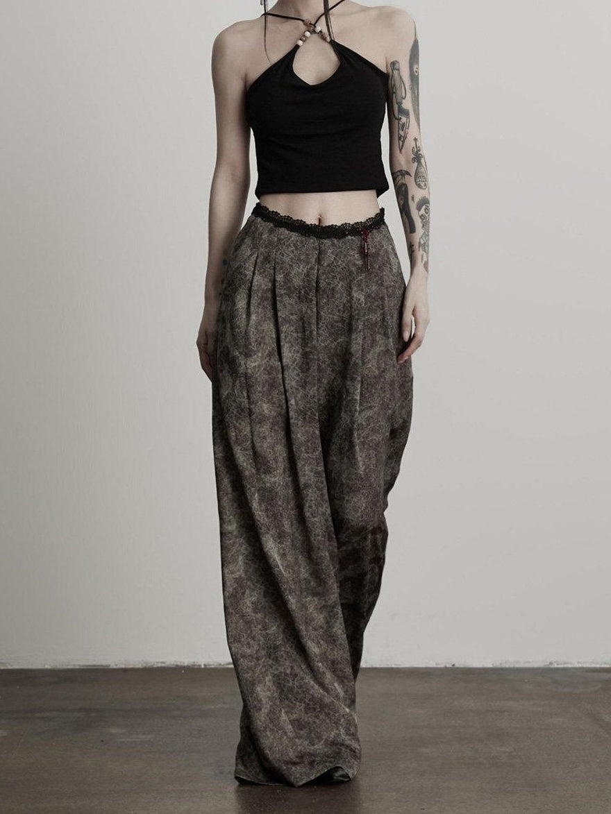 INDULGE Wrinkle Free Polyester Elastic Waist Pockets Loose Women Gray Wide-Leg Pants