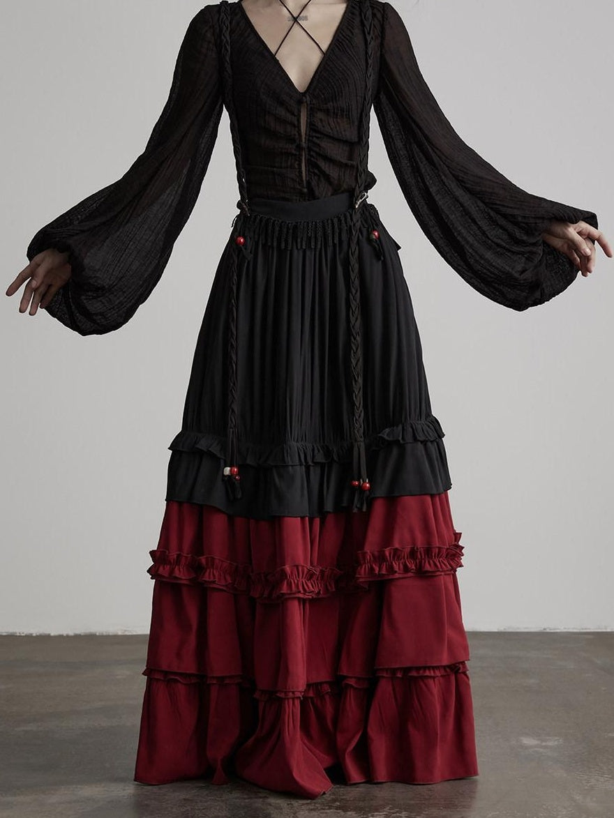 INDULGE Wrinkle Free Rayon Blend Patchwork A Line Mid Waist Women Tiered Skirts