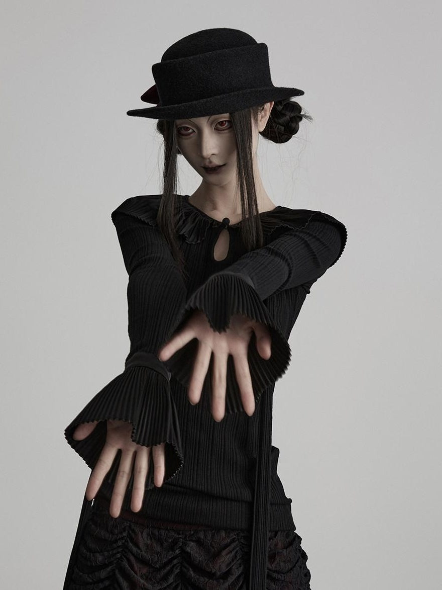 INDULGE Wrinkle Free Soft Cotton Dark Hollow Flared Women Black Long Sleeve T-Shirts