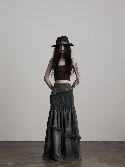 INDULGE Wrinkle Free Tie Dye Dark Gothic Mermaid Mid Waist Elastic Maxi Skirts