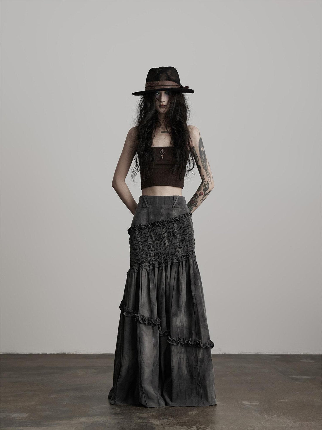 INDULGE Wrinkle Free Tie Dye Dark Gothic Mermaid Mid Waist Elastic Maxi Skirts