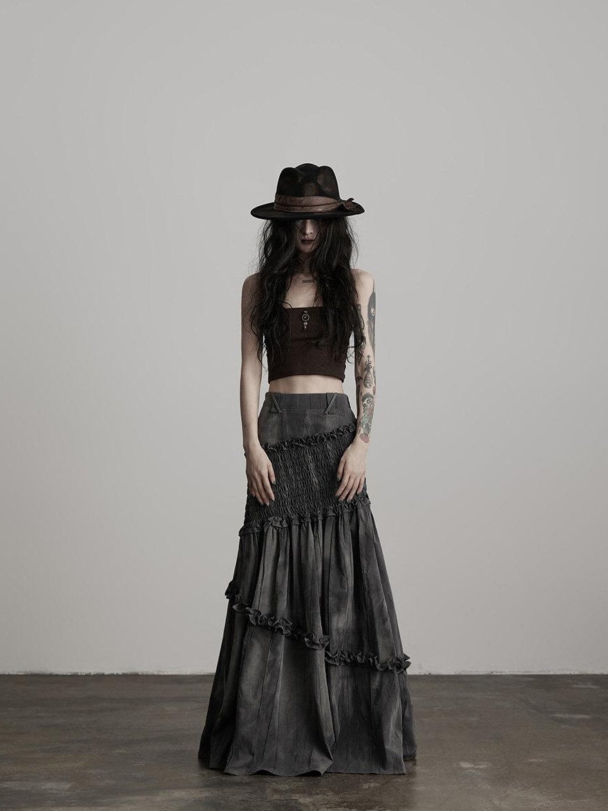 INDULGE Wrinkle Free Tie Dye Dark Gothic Mermaid Mid Waist Elastic Maxi Skirts