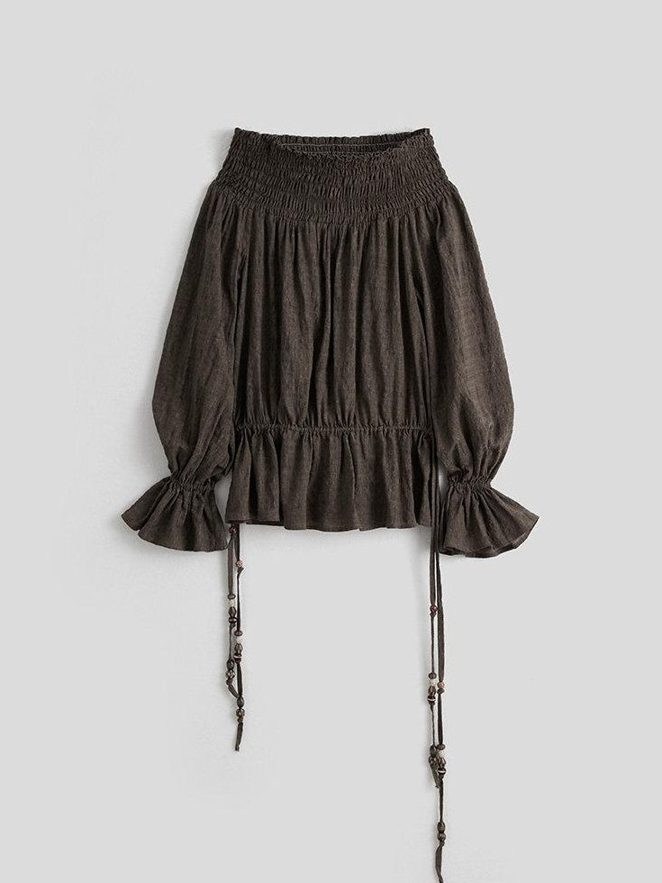 INDULGE Wrinkle Resistant Casual Loose Pleated Women Cotton Blend Puff-Sleeve Blouses