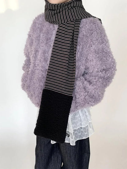 Icelandic Faux Fur Scarf Striped Winter Warm Knitted Wrap Neckwear