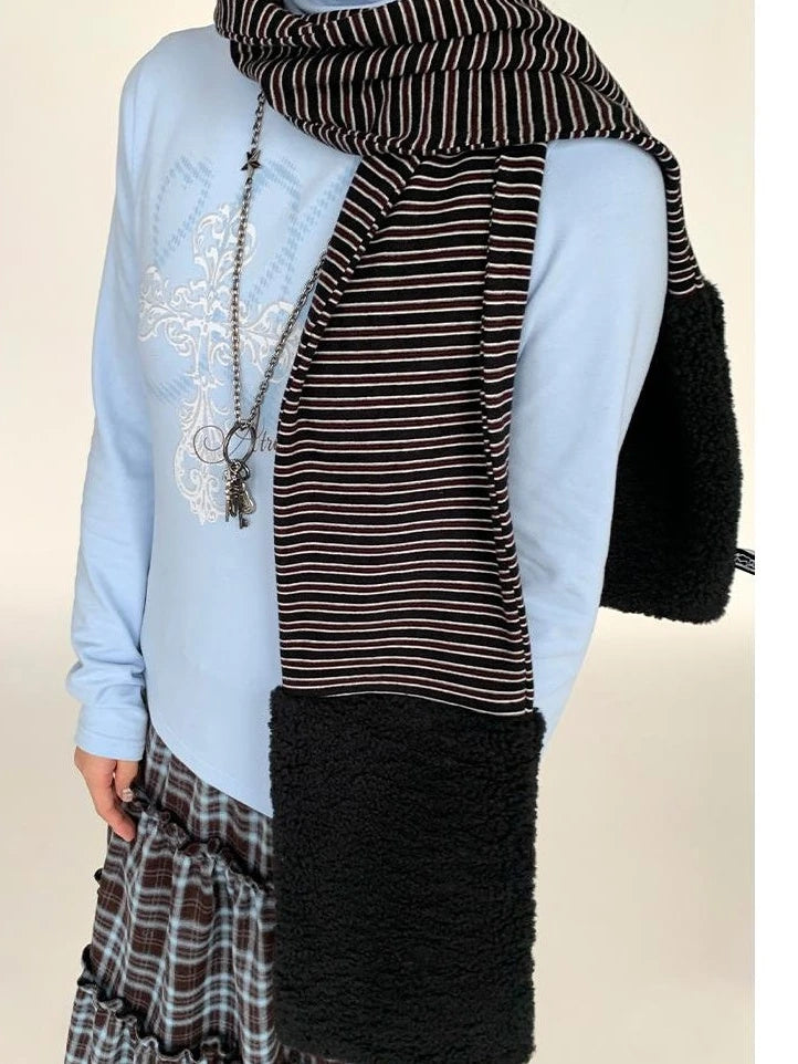 Icelandic Faux Fur Scarf Striped Winter Warm Knitted Wrap Neckwear