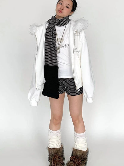 Icelandic Faux Fur Scarf Striped Winter Warm Knitted Wrap Neckwear