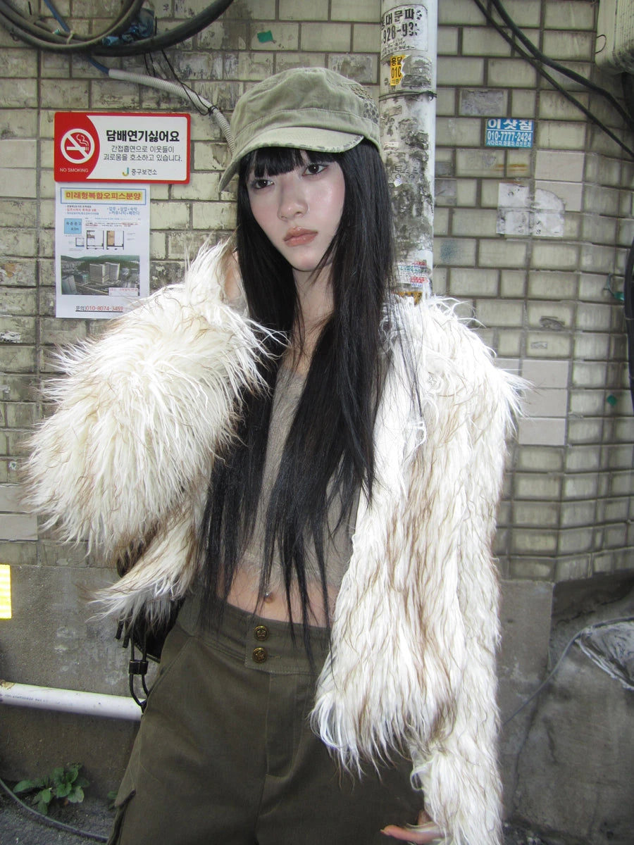 Light Winter Eco Fur Coat Women Color Block Design