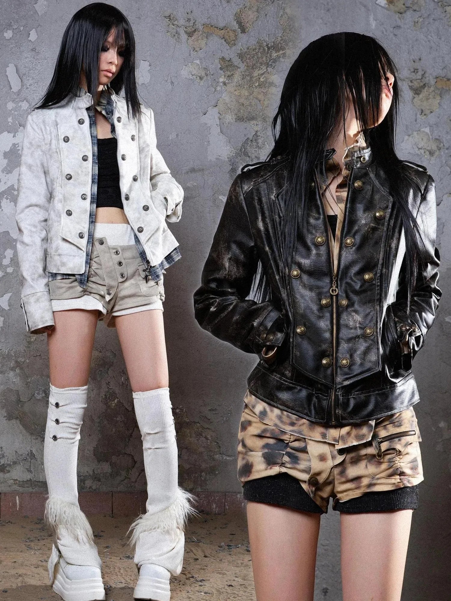 Industrial Punk Leather Jacket Set Edgy Women Winter Rockwear